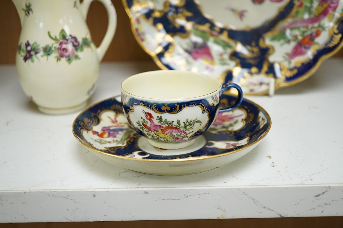 A Worcester scale blue dish - 25cm diameter, a similar cup and saucer and a covered jug, c.1770-80